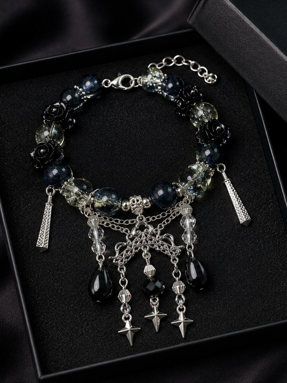 Statement Charm Bracelet Black Silver Beaded Gothic Boho Dangle Adjustable